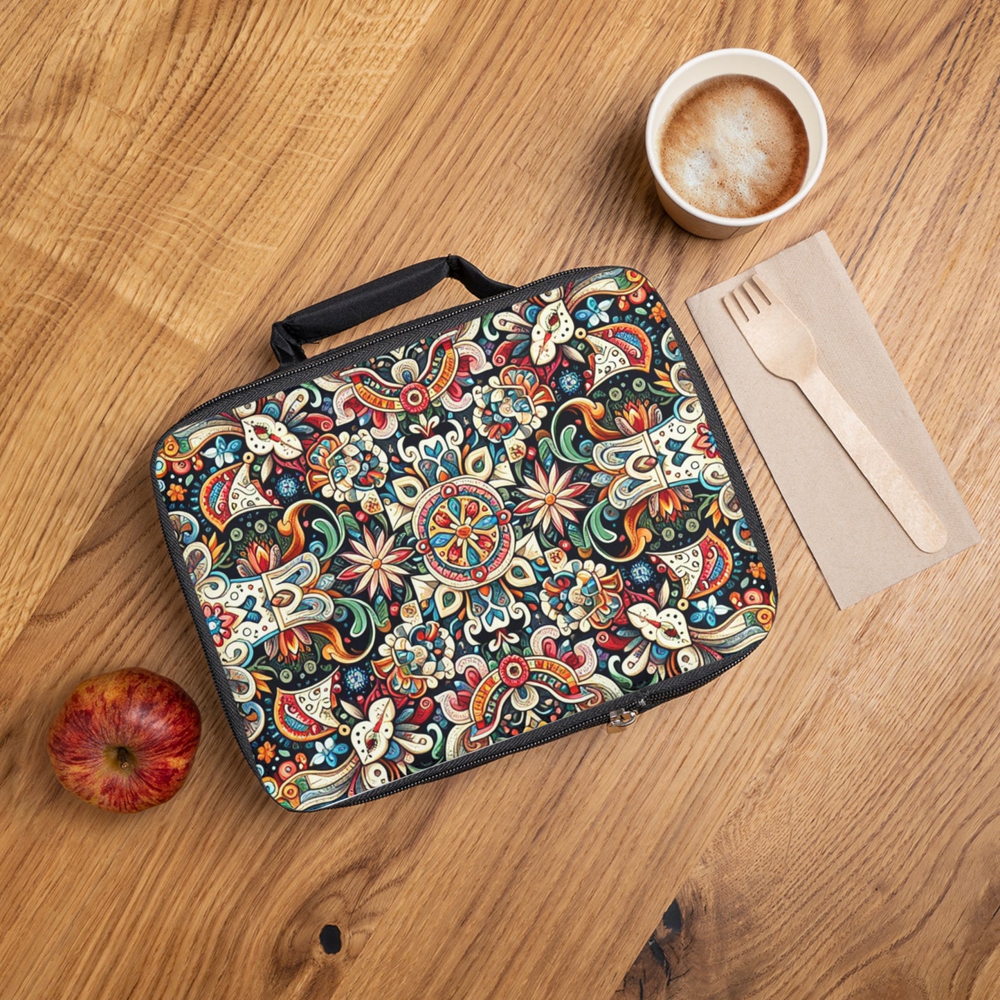 Folk Lunch Bag with Traditional Design Pattern, Food Carrier for Work and School, Insulated Tote for Daily Use, Picnic Cooler