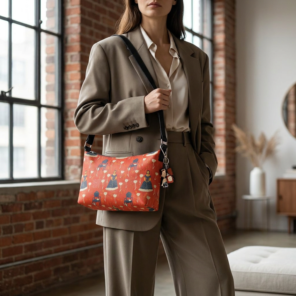 Art Print Leather Shoulder Bag – Vintage-Inspired Pattern - Batty