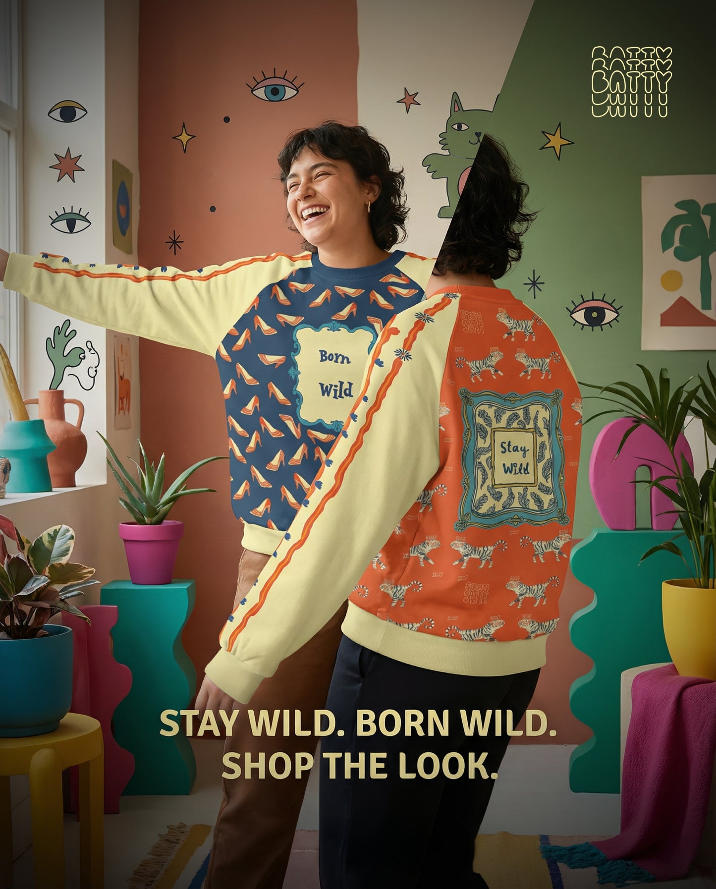 Born Wild Sweater – Playful High Heel and tigers Print Pullover, Statement Graphic Sweatshirt, Street Style Cozy Raglan round neck sweater - Batty