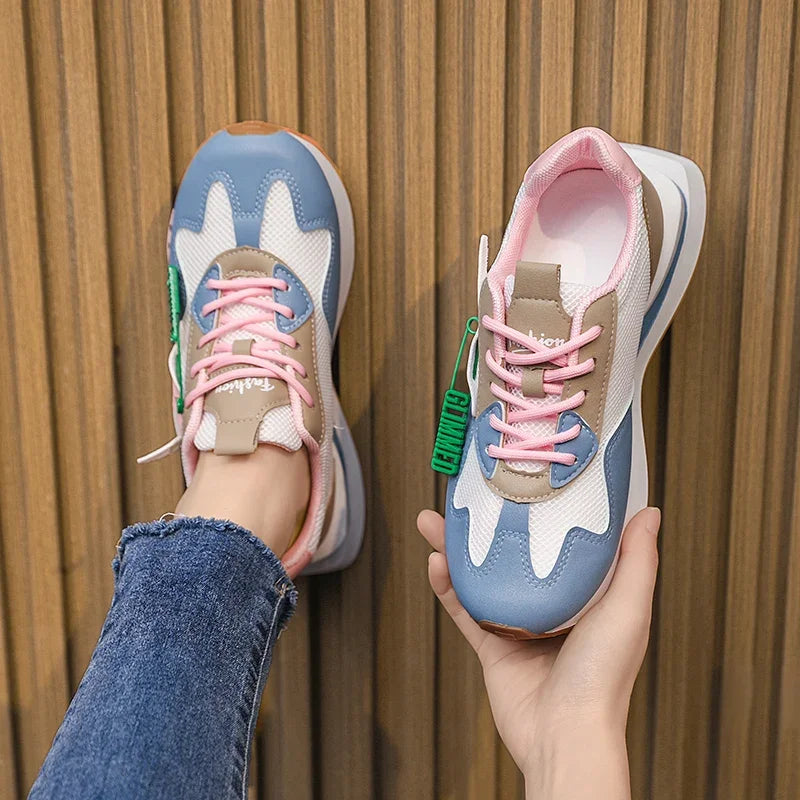 Retro pastel sneakers with neon accents and mesh sides