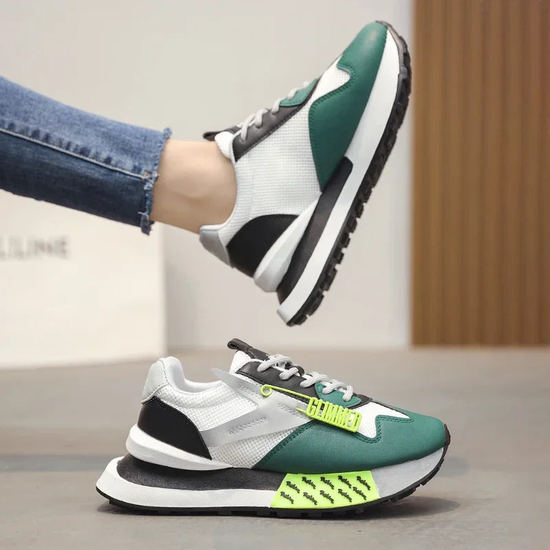 Retro pastel sneakers with neon accents and mesh sides