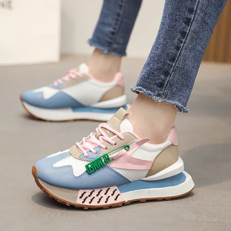 Retro pastel sneakers with neon accents and mesh sides