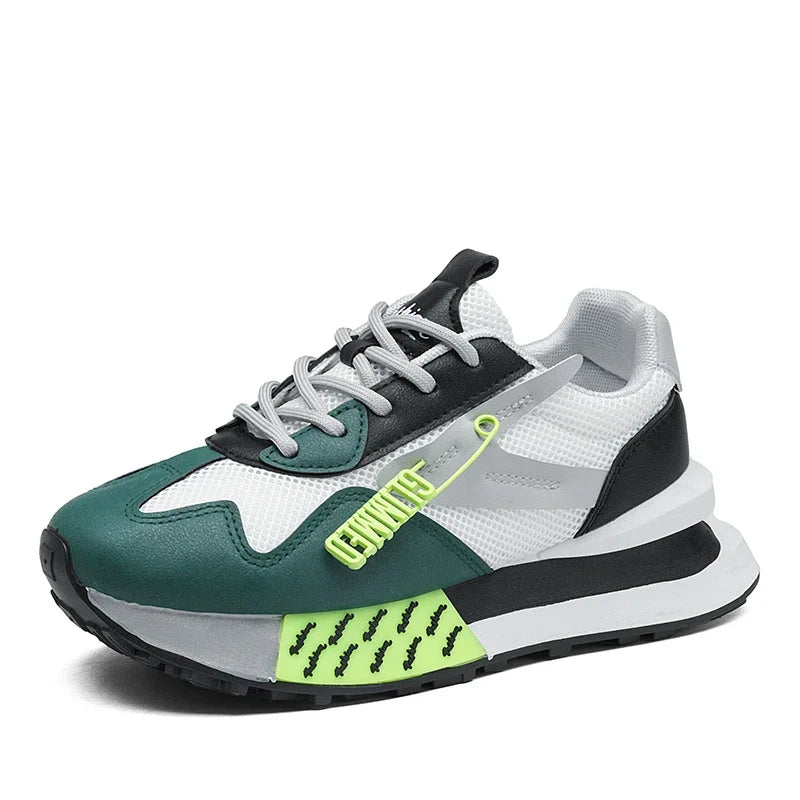 Retro pastel sneakers with neon accents and mesh sides