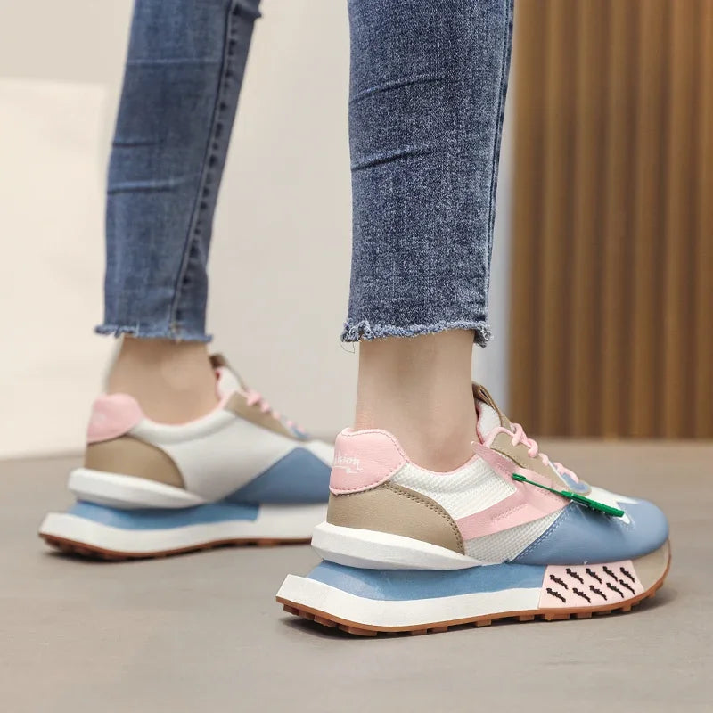 Retro pastel sneakers with neon accents and mesh sides