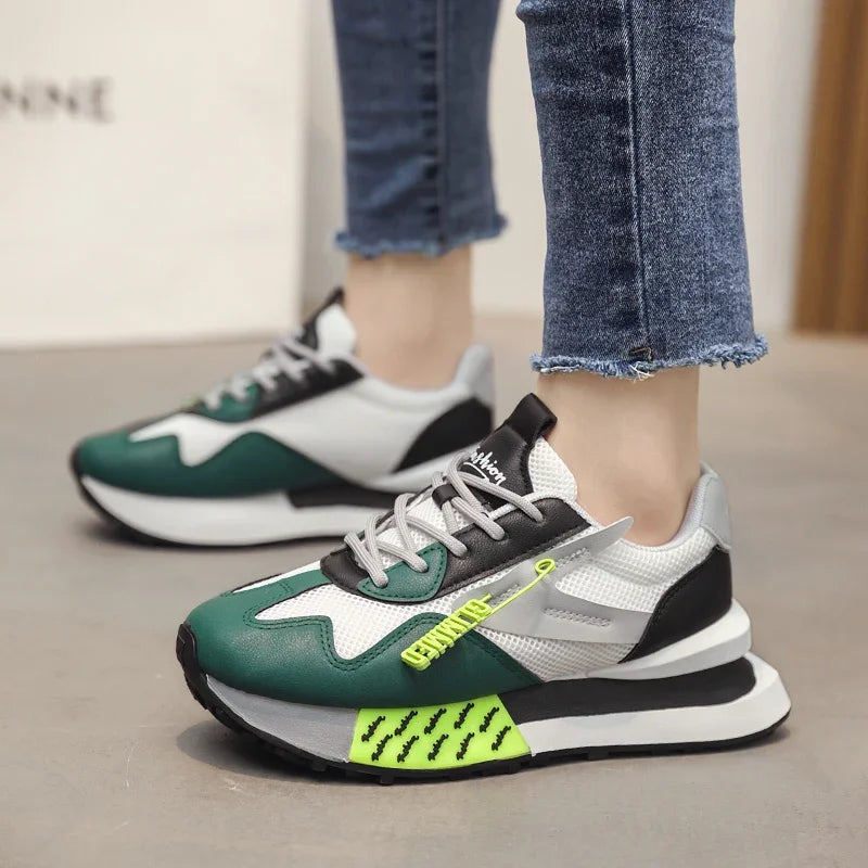 Retro pastel sneakers with neon accents and mesh sides