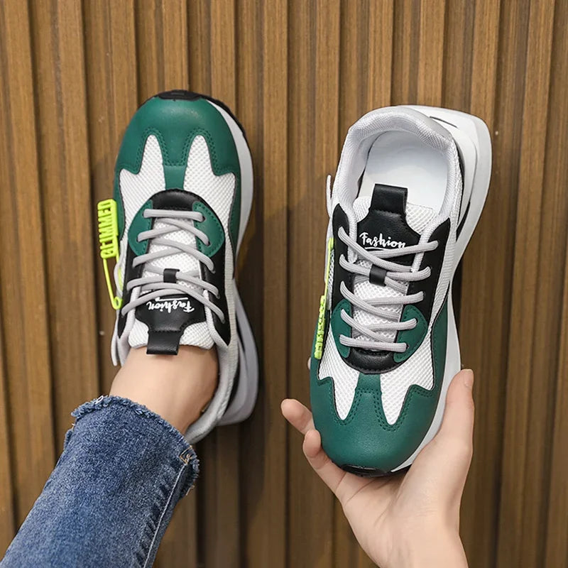 Retro pastel sneakers with neon accents and mesh sides