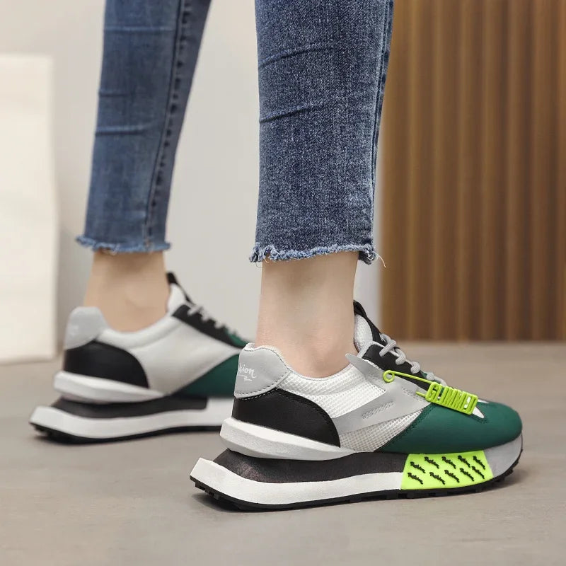 Retro pastel sneakers with neon accents and mesh sides