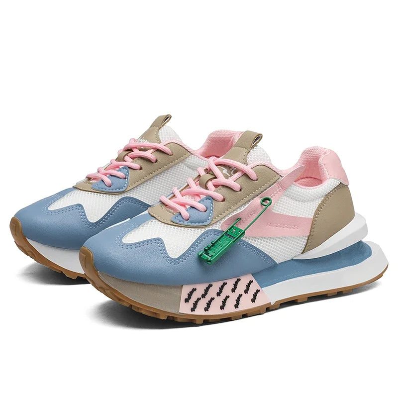 Retro pastel sneakers with neon accents and mesh sides