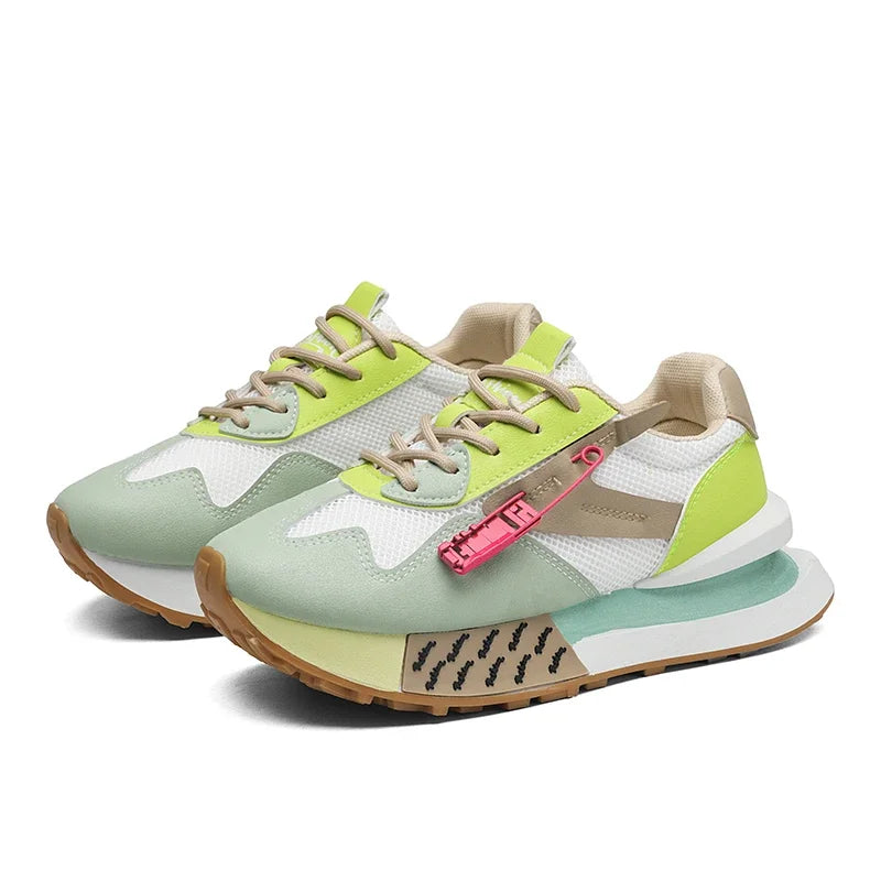 Retro pastel sneakers with neon accents and mesh sides