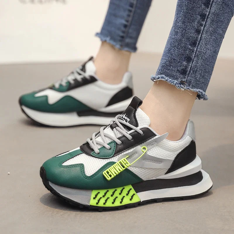 Retro pastel sneakers with neon accents and mesh sides