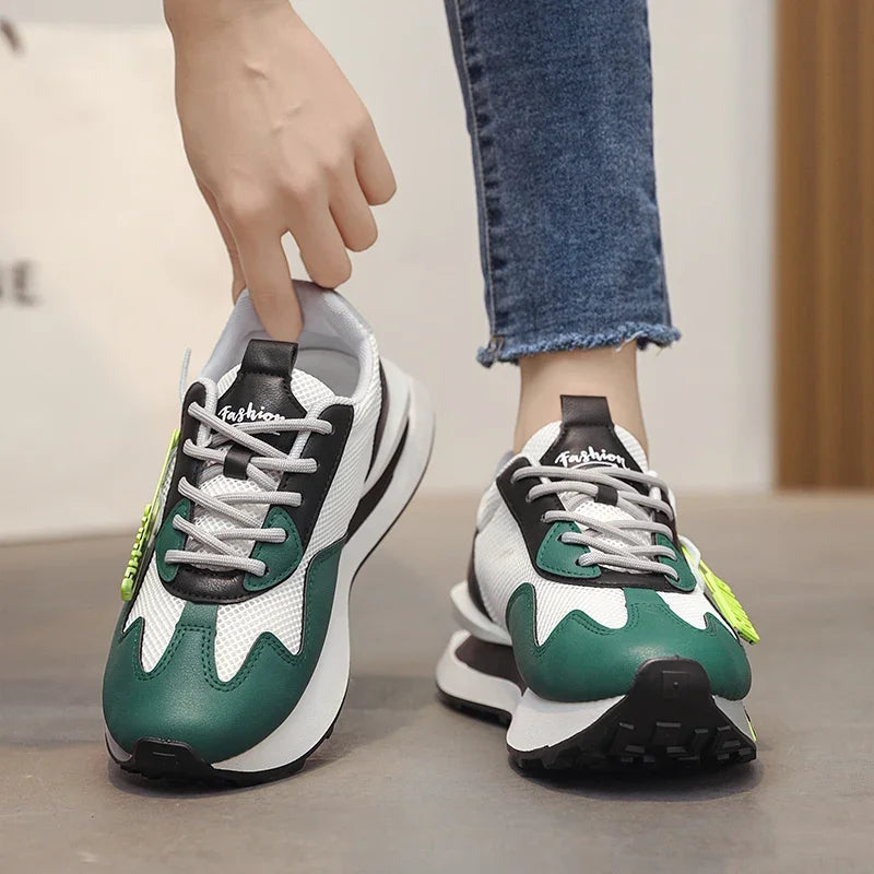 Retro pastel sneakers with neon accents and mesh sides