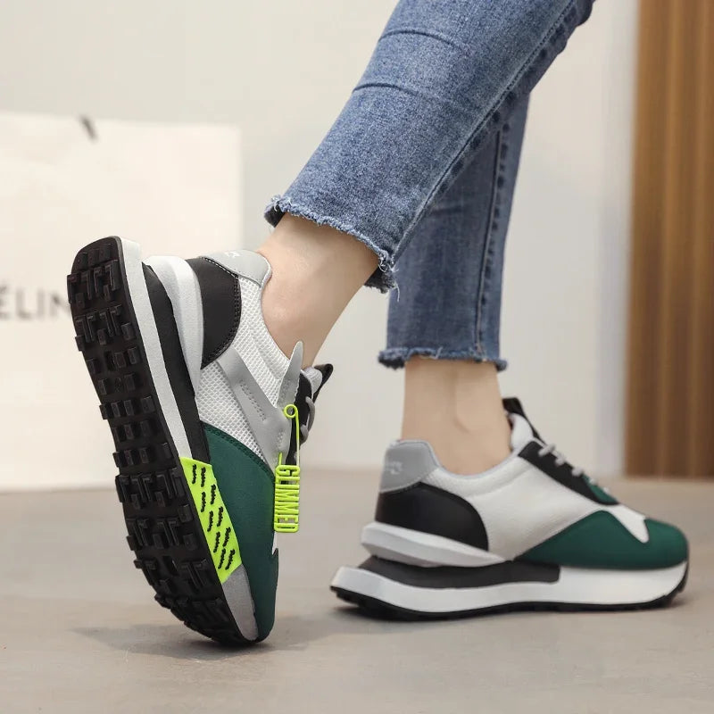 Retro pastel sneakers with neon accents and mesh sides