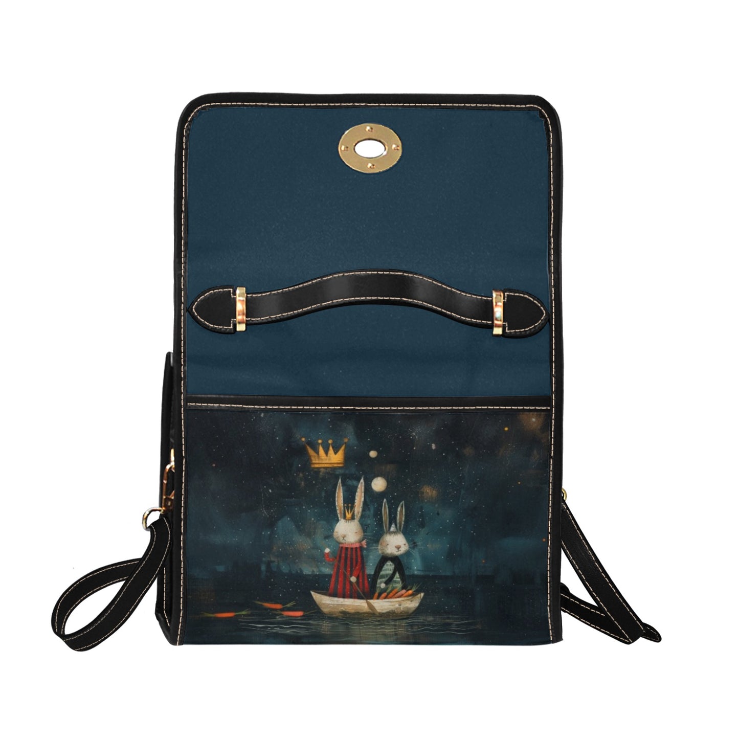 A cute leather school style bag with a comfy strap, with two bunny friends.
