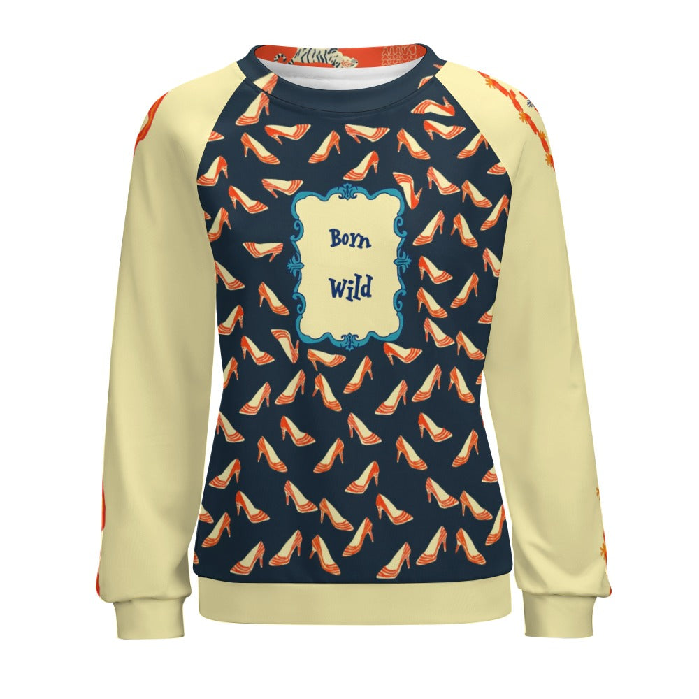 Born Wild Sweater – Playful High Heel and tigers Print Pullover, Statement Graphic Sweatshirt, Street Style Cozy Raglan round neck sweater - Batty