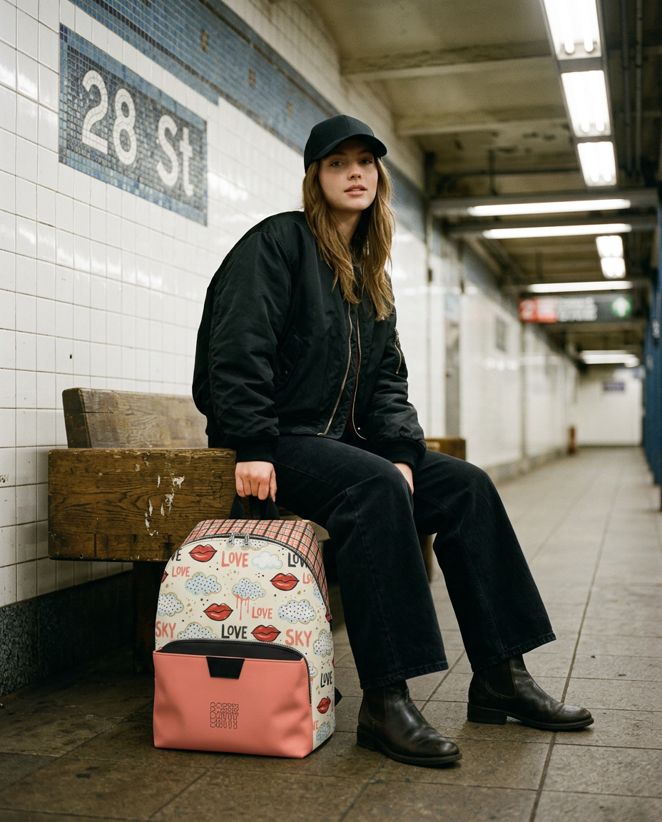 Love & Sky Graphic Backpack – Plaid PU Leather Backpack with Coral Pocket | Colorful Everyday Bag - Batty