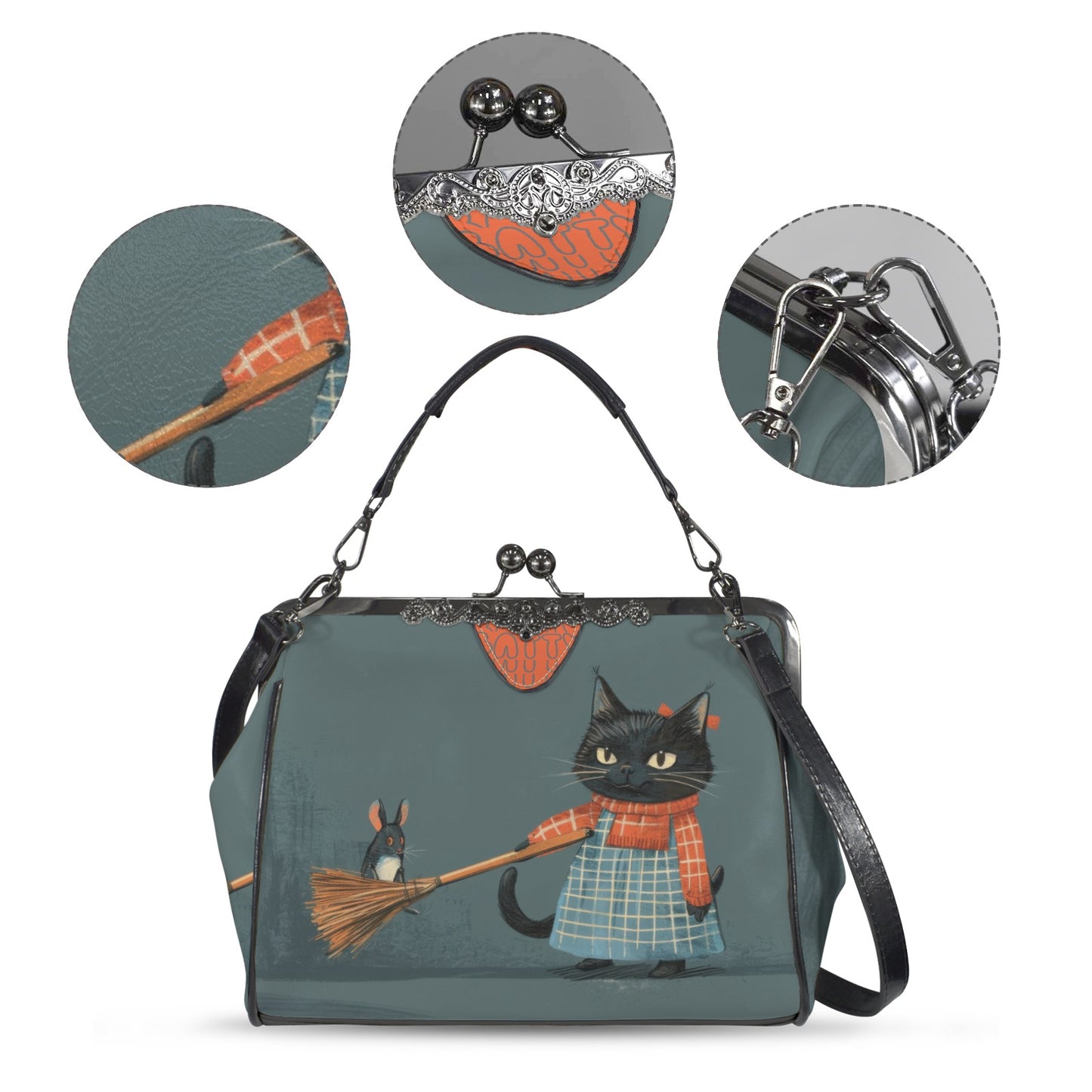 Vintage Cat & Mouse Art Handbag – Whimsical Retro-Inspired Shoulder Bag