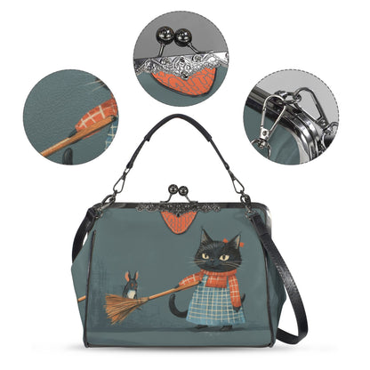 Vintage Cat & Mouse Art Handbag – Whimsical Retro-Inspired Shoulder Bag