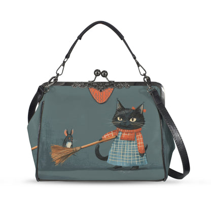 Vintage Cat & Mouse Art Handbag – Whimsical Retro-Inspired Shoulder Bag
