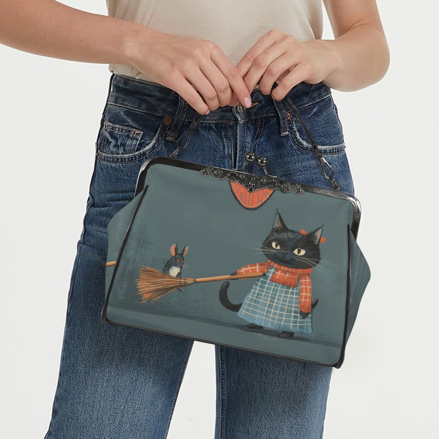Vintage Cat & Mouse Art Handbag – Whimsical Retro-Inspired Shoulder Bag