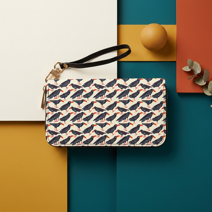 Bird Pattern Long Wallet with Wrist Strap, Women's Zip Around Wallet, PU Leather Clutch, Card Holder Organizer, Gift for Her - Batty