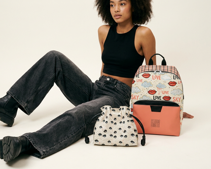 Love & Sky Graphic Backpack – Plaid PU Leather Backpack with Coral Pocket | Colorful Everyday Bag - Batty