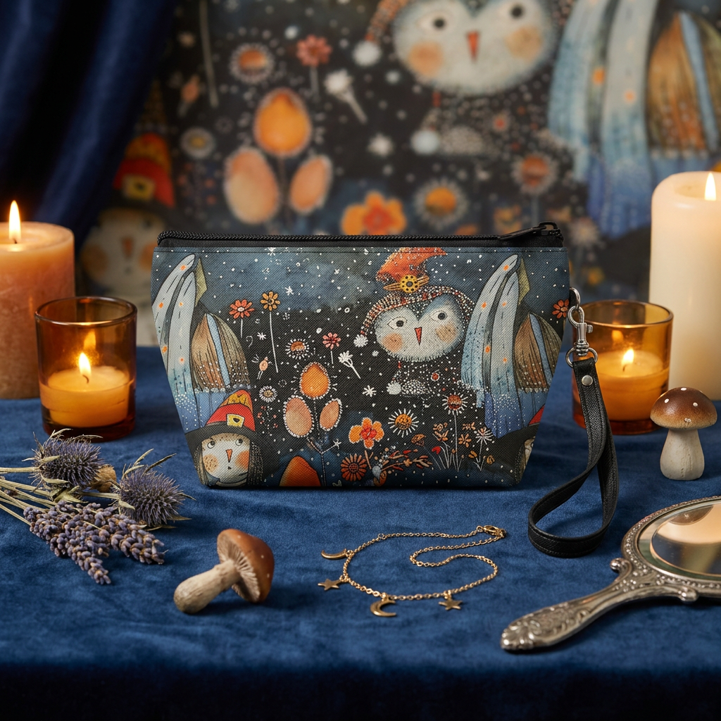 288. Zipper Makeup Bag whimsical owls with Wrist Strap - Batty