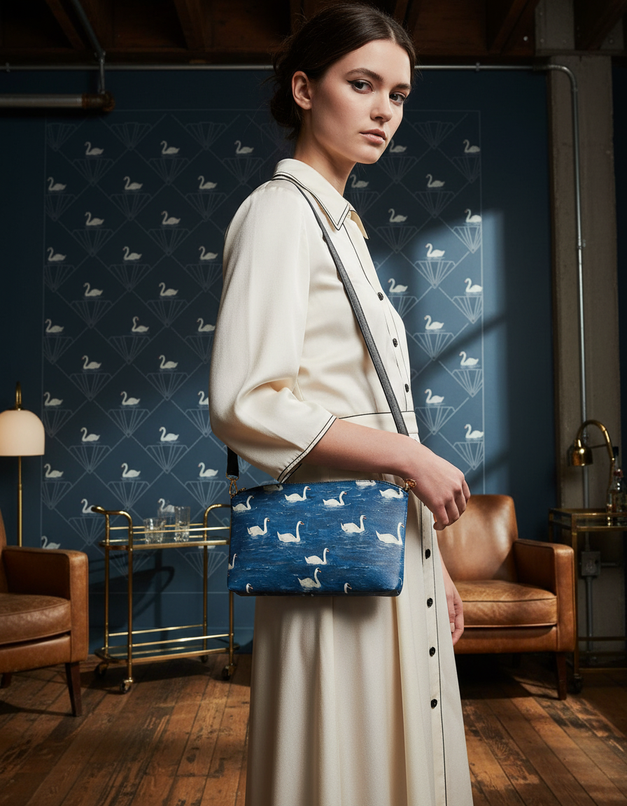 Elegant Swan Pattern Dual Strap Crossbody Bag - Batty