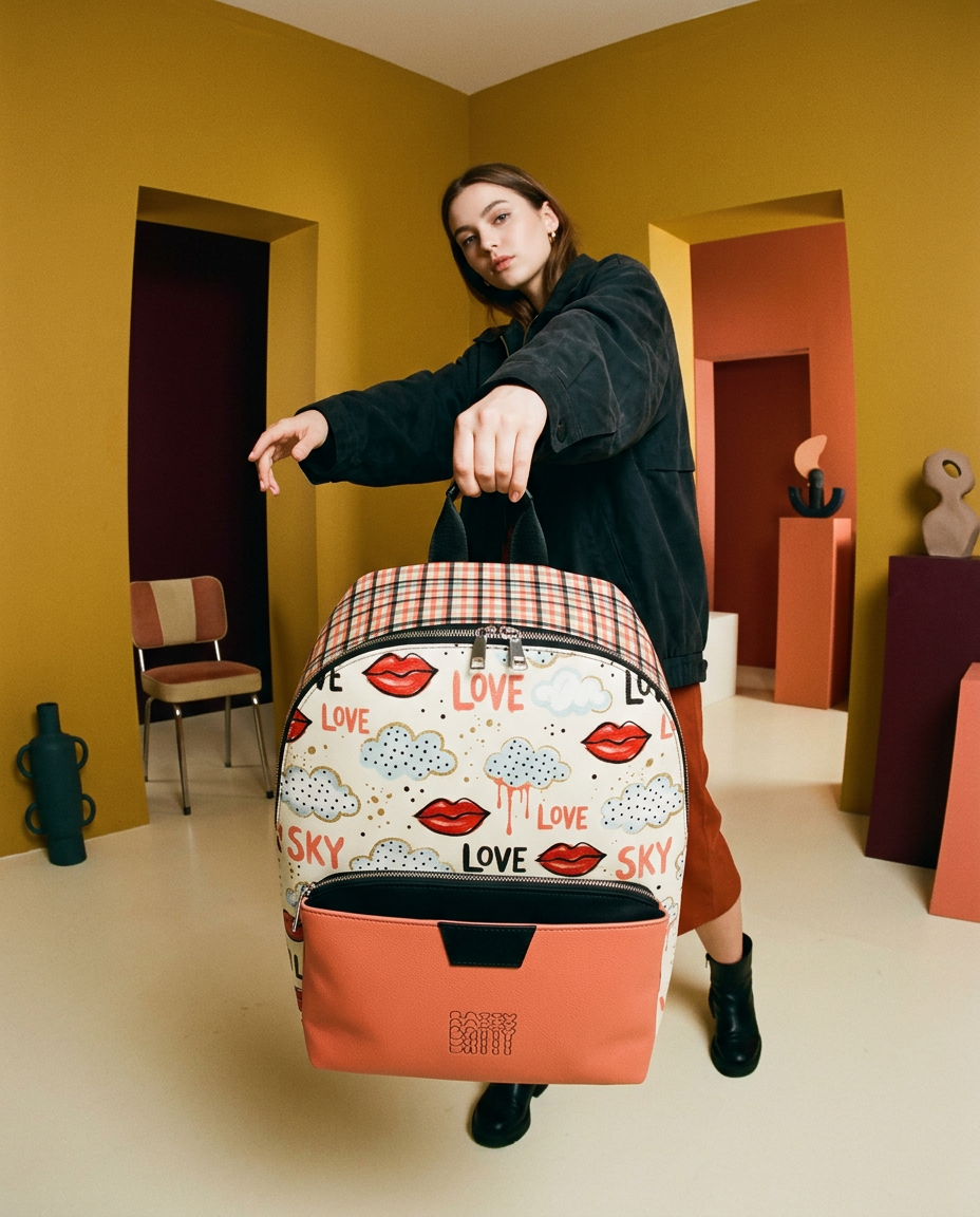 Love & Sky Graphic Backpack – Plaid PU Leather Backpack with Coral Pocket | Colorful Everyday Bag - Batty
