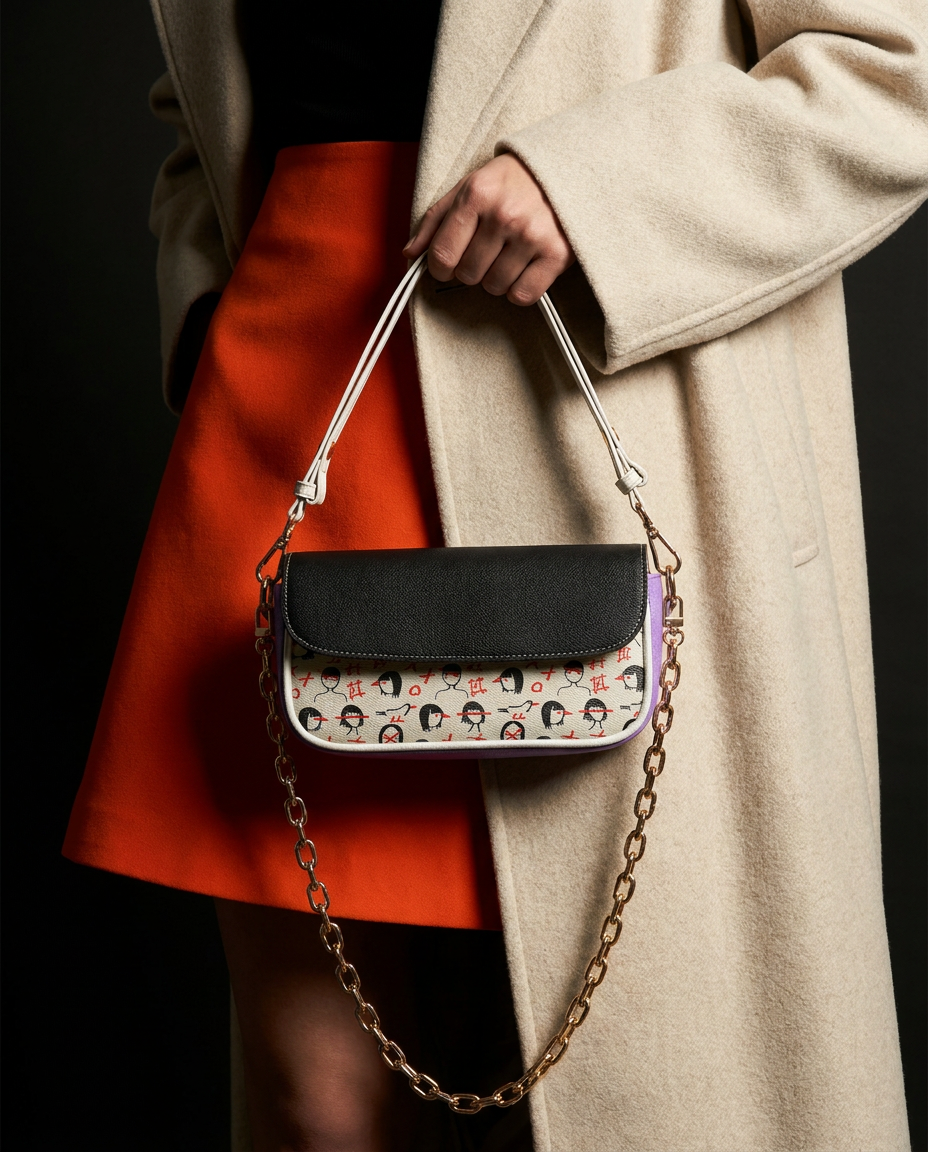 Trendy Chain-Detail Abstract Doodle Print Purse - Batty