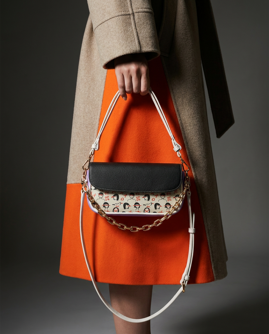 Trendy Chain-Detail Abstract Doodle Print Purse - Batty