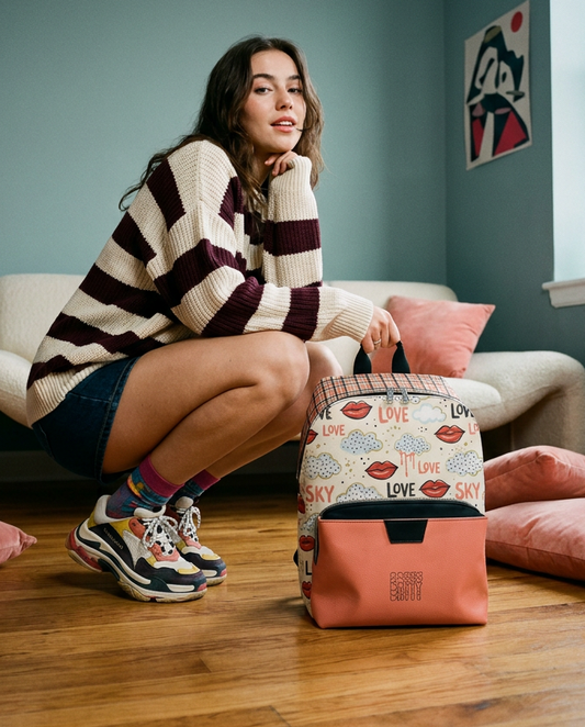 Love & Sky Graphic Backpack – Plaid PU Leather Backpack with Coral Pocket | Colorful Everyday Bag