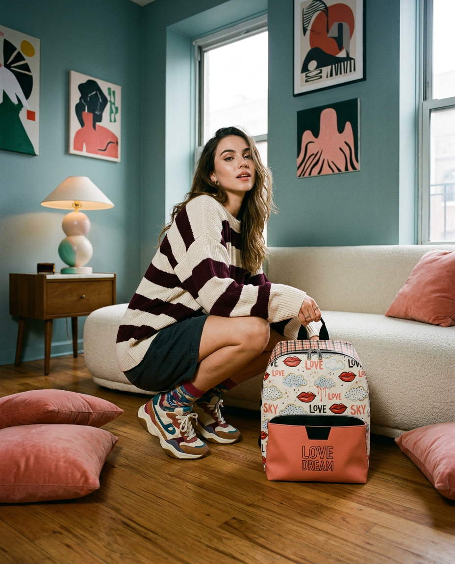 Love & Sky Graphic Backpack – Plaid PU Leather Backpack with Coral Pocket | Colorful Everyday Bag - Batty