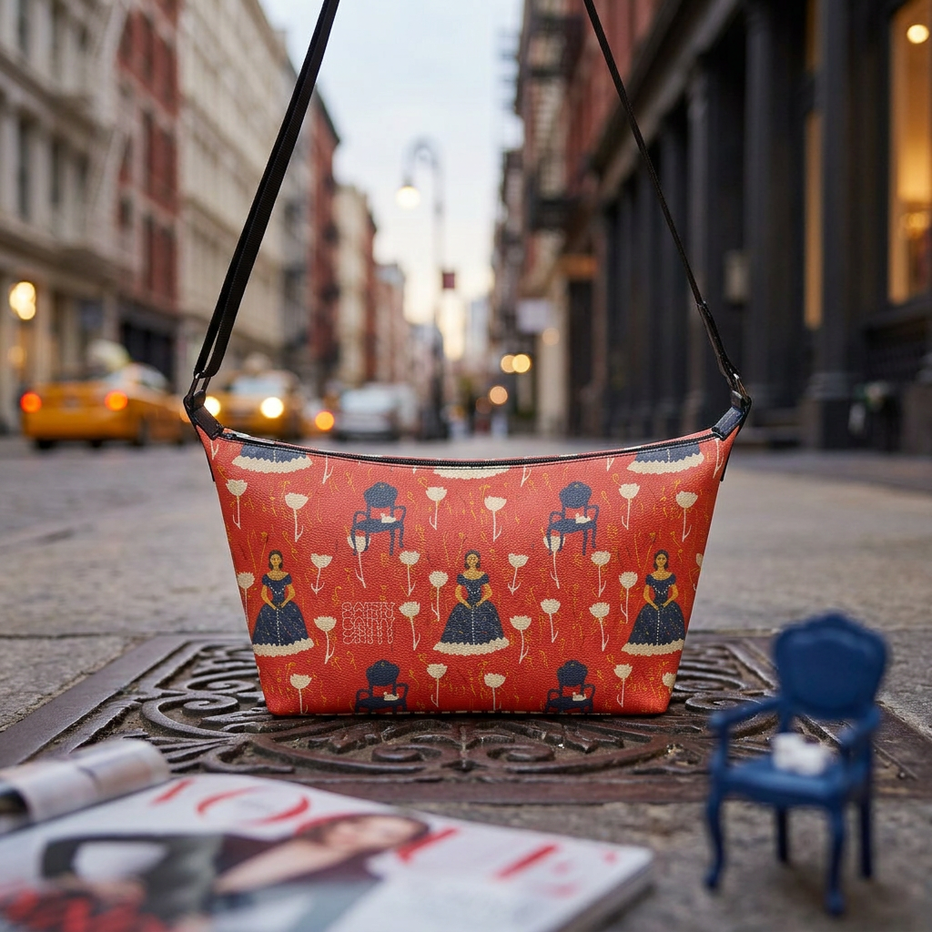Art Print Leather Shoulder Bag – Vintage-Inspired Pattern - Batty