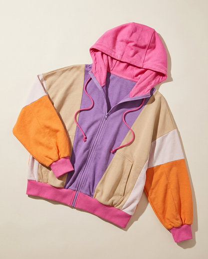 Drawstring Color Block Zip Up Long Sleeve Hoodie - Batty