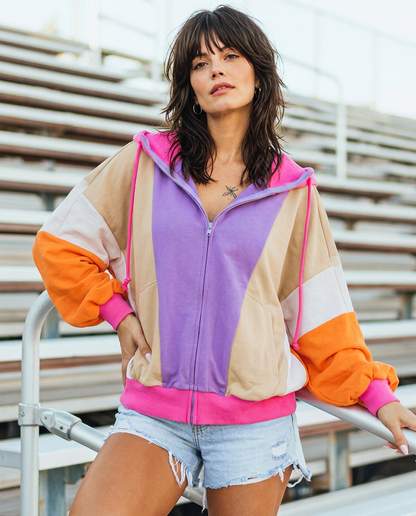 Drawstring Color Block Zip Up Long Sleeve Hoodie - Batty