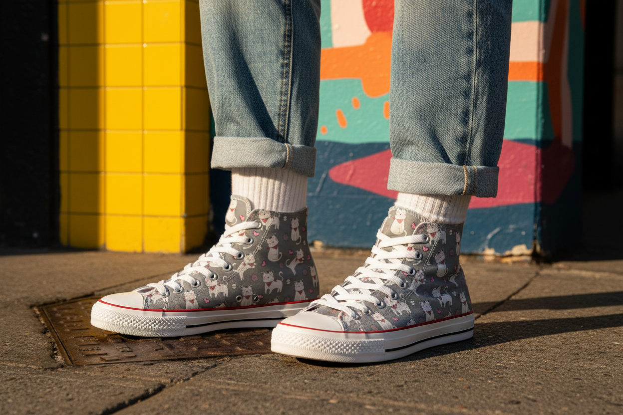 High-Top Canvas Shoes - White kitty