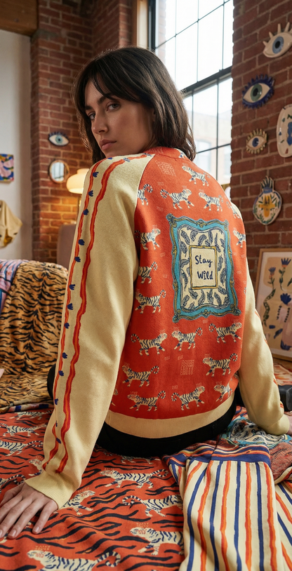Born Wild Sweater – Playful High Heel and tigers Print Pullover, Statement Graphic Sweatshirt, Street Style Cozy Raglan round neck sweater - Batty
