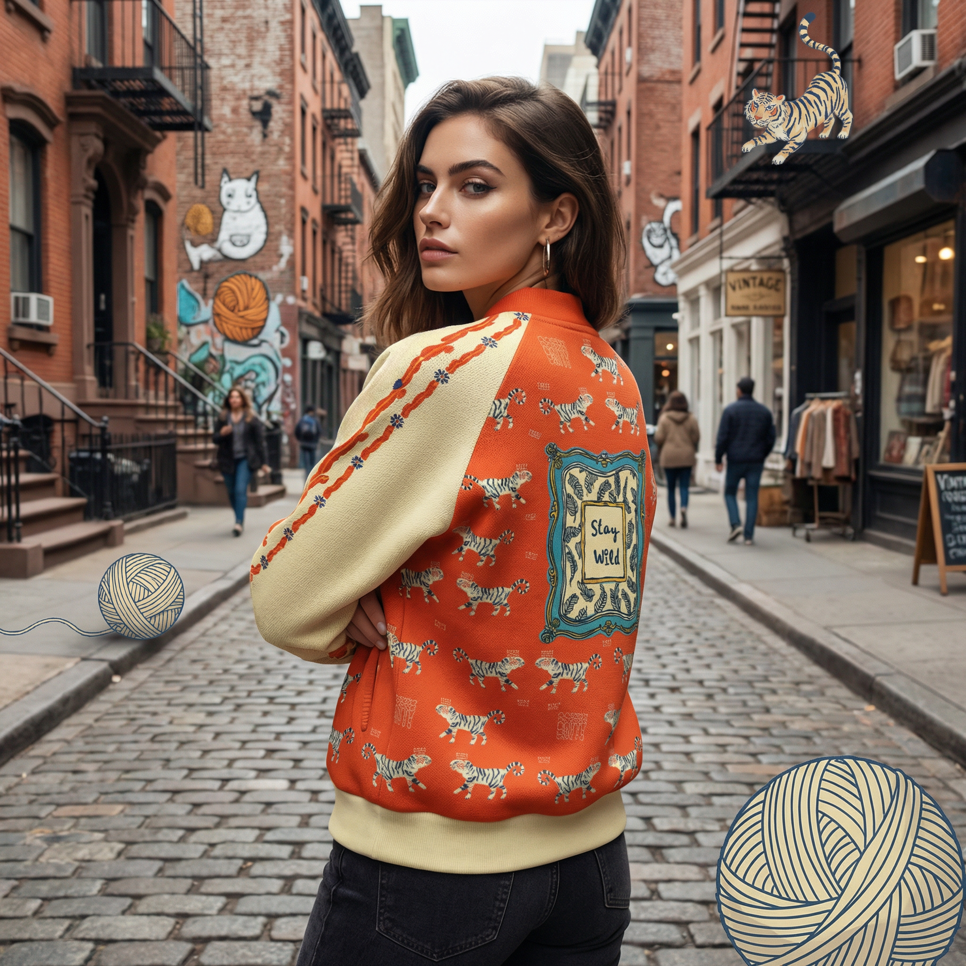 Born Wild Sweater – Playful High Heel and tigers Print Pullover, Statement Graphic Sweatshirt, Street Style Cozy Raglan round neck sweater - Batty
