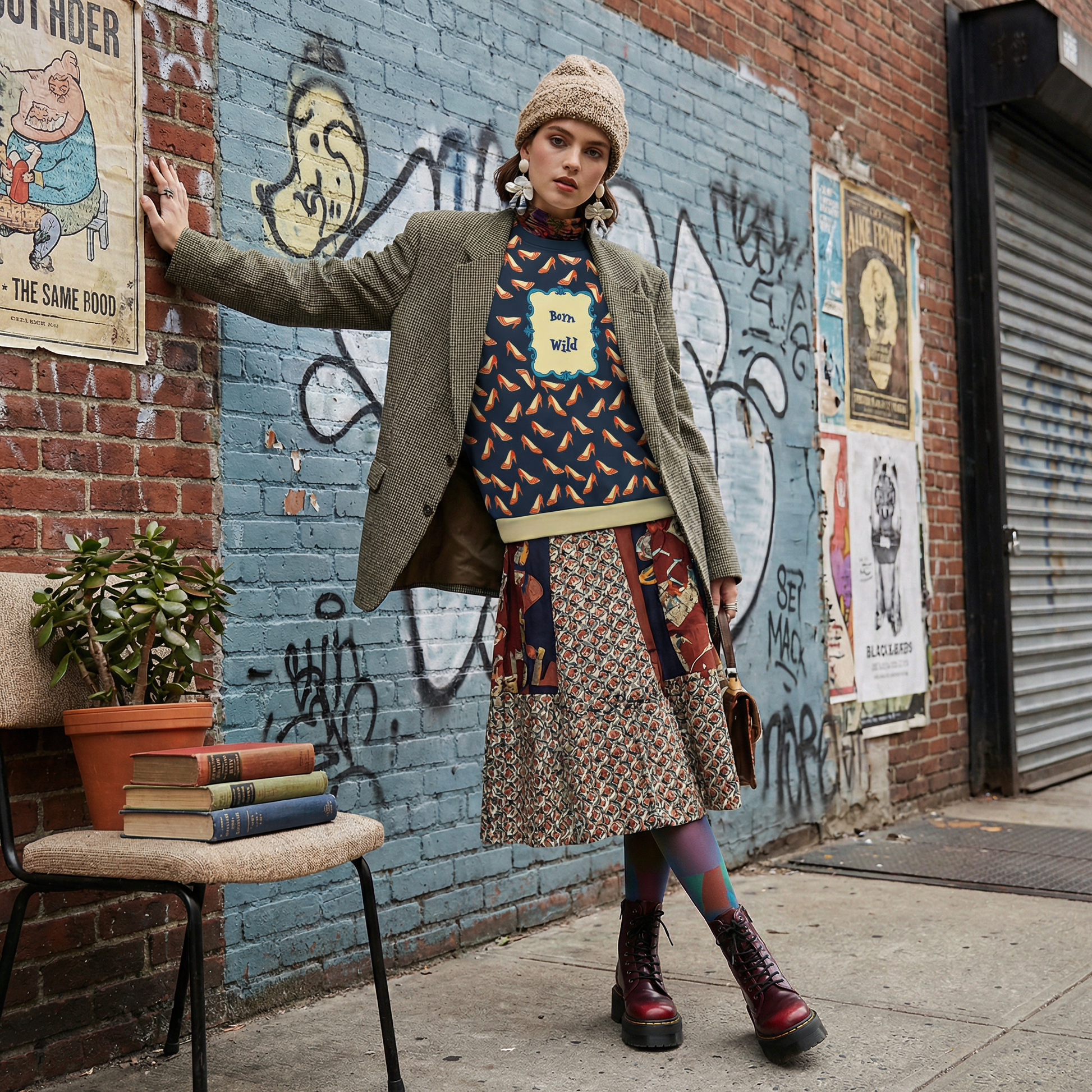 Born Wild Sweater – Playful High Heel and tigers Print Pullover, Statement Graphic Sweatshirt, Street Style Cozy Raglan round neck sweater - Batty