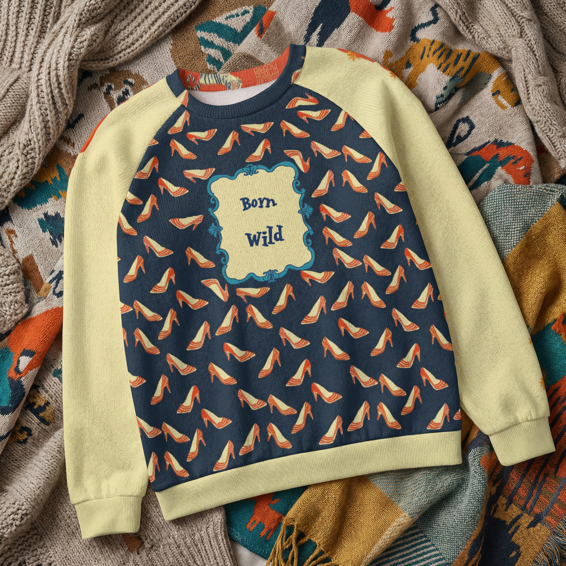 Born Wild Sweater – Playful High Heel and tigers Print Pullover, Statement Graphic Sweatshirt, Street Style Cozy Raglan round neck sweater - Batty