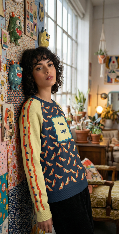 Born Wild Sweater – Playful High Heel and tigers Print Pullover, Statement Graphic Sweatshirt, Street Style Cozy Raglan round neck sweater - Batty