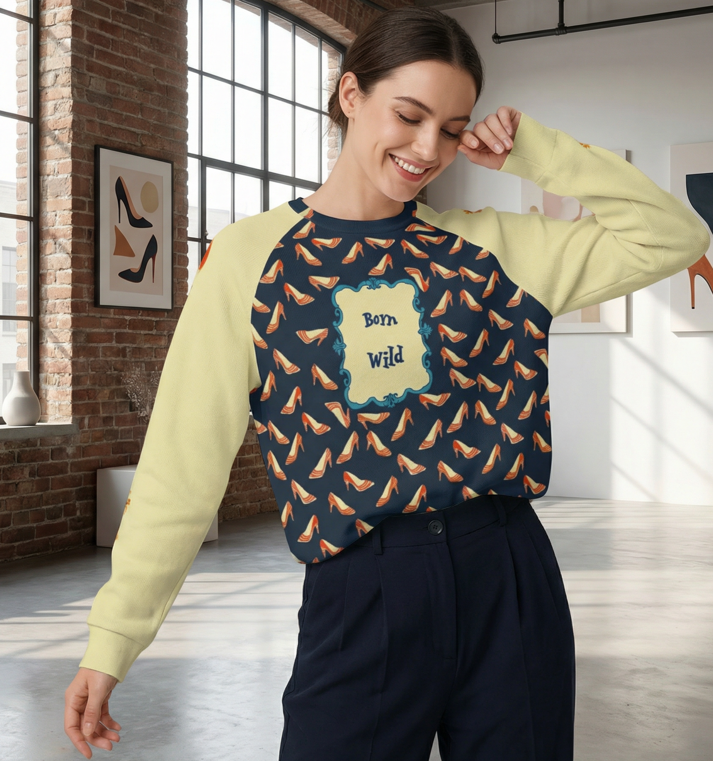 Born Wild Sweater – Playful High Heel and tigers Print Pullover, Statement Graphic Sweatshirt, Street Style Cozy Raglan round neck sweater - Batty