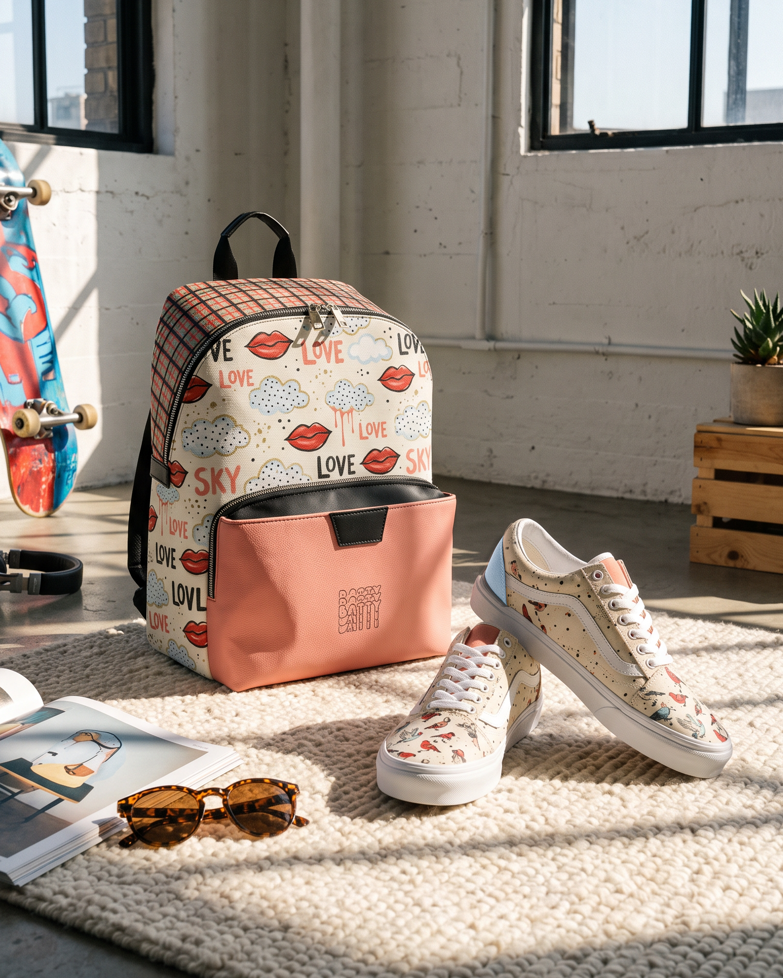 Love & Sky Graphic Backpack – Plaid PU Leather Backpack with Coral Pocket | Colorful Everyday Bag - Batty