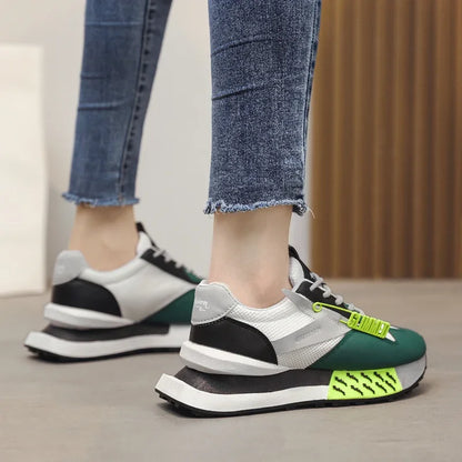 Retro pastel sneakers with neon accents and mesh sides