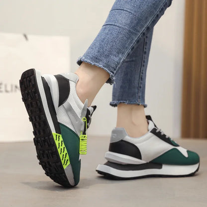 Retro pastel sneakers with neon accents and mesh sides