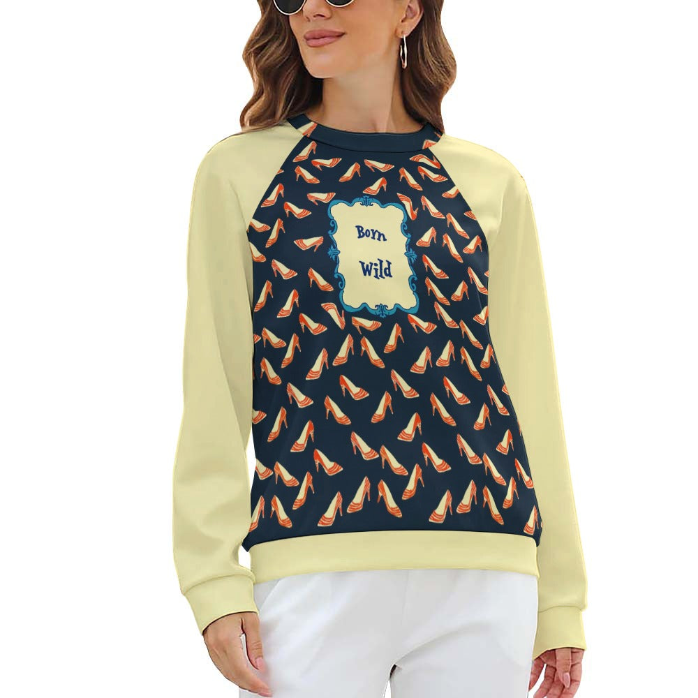 Born Wild Sweater – Playful High Heel and tigers Print Pullover, Statement Graphic Sweatshirt, Street Style Cozy Raglan round neck sweater - Batty