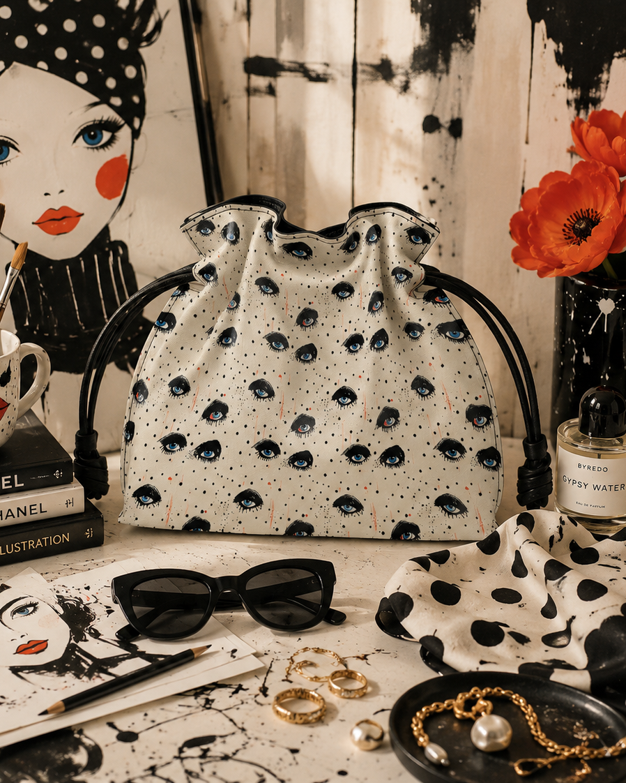 Artistic Eye Print Drawstring Bucket Bag |  Modern Illustrated Handbag | Unique Fashion Gift
