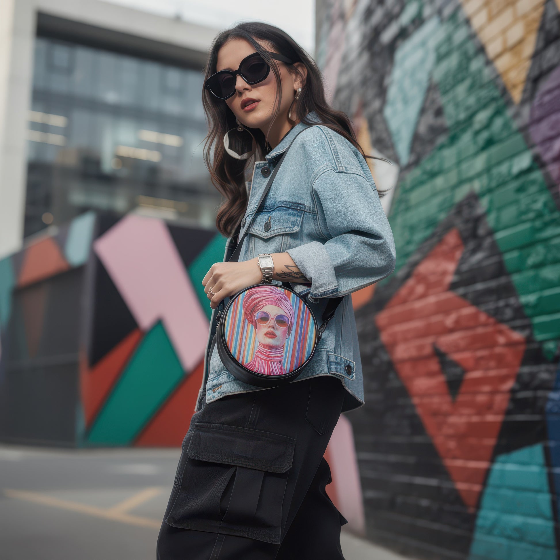 Retro Pop Art Round Crossbody Bag – Colorful Statement Purse with Bold Striped Design - Batty
