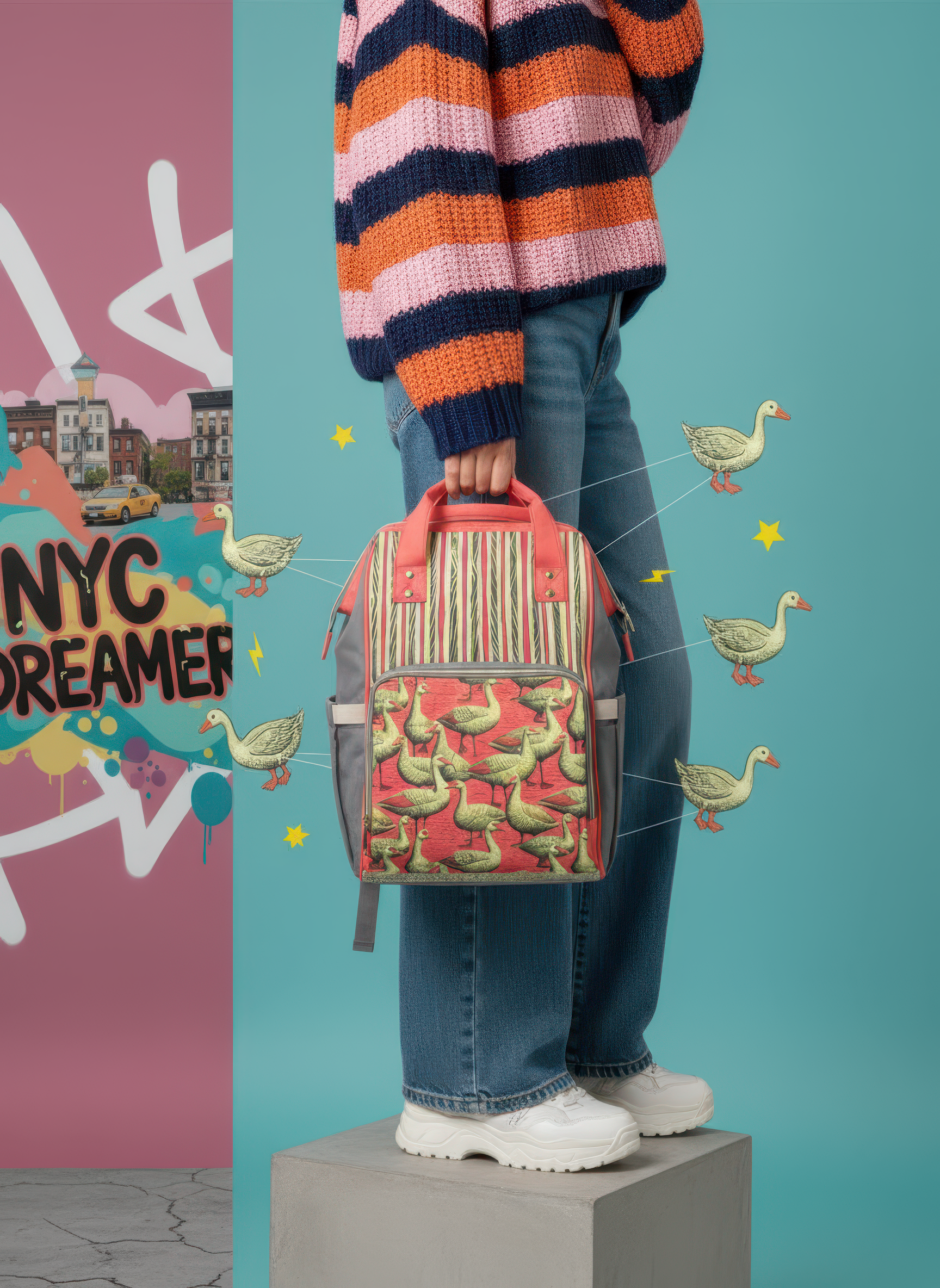 Illustrated Geese Multi-Function Backpack – Artistic Pattern & Versatile Design - Batty
