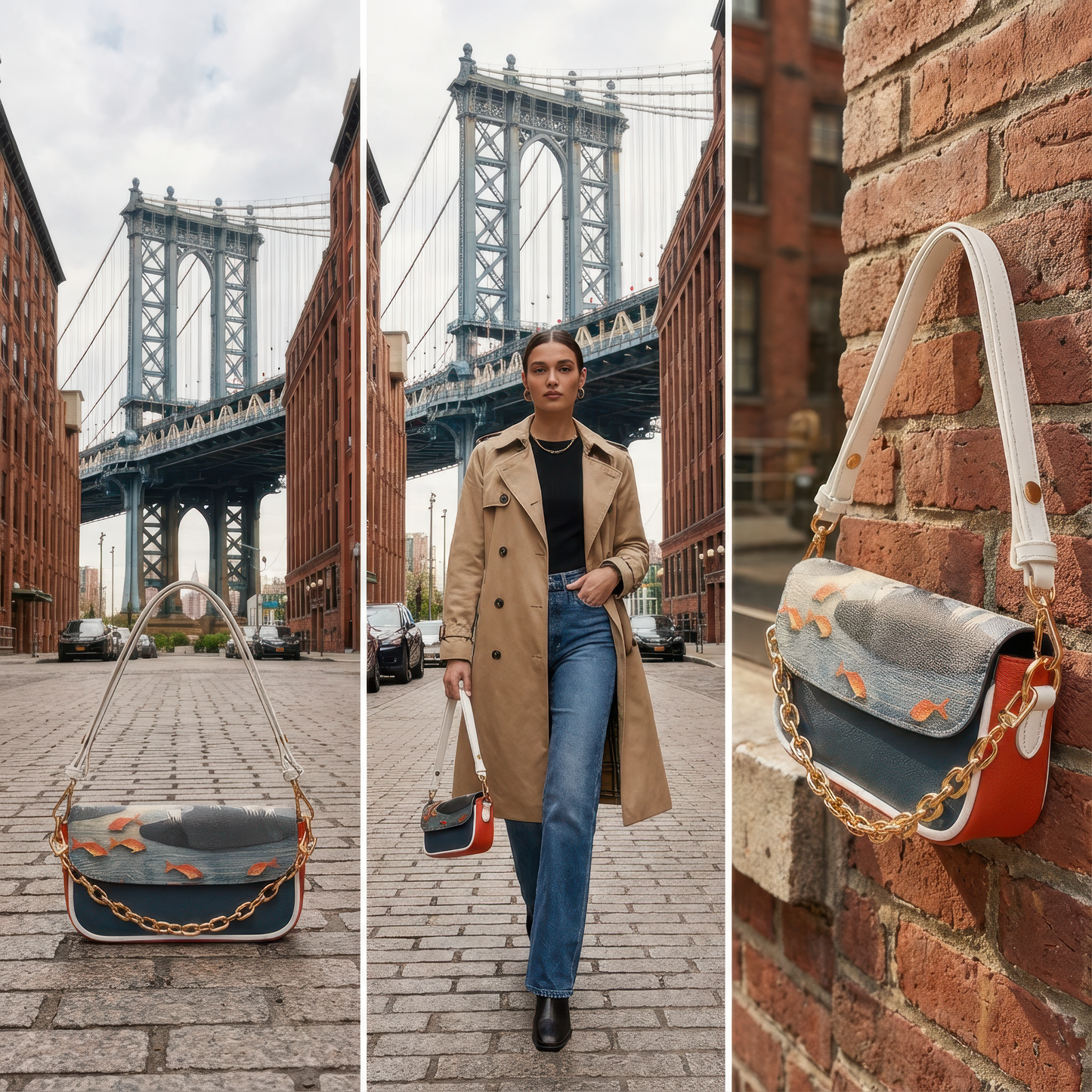Elegant Goldfish Pond Art Crossbody Bag with White Strap & Chain Accent. - Batty